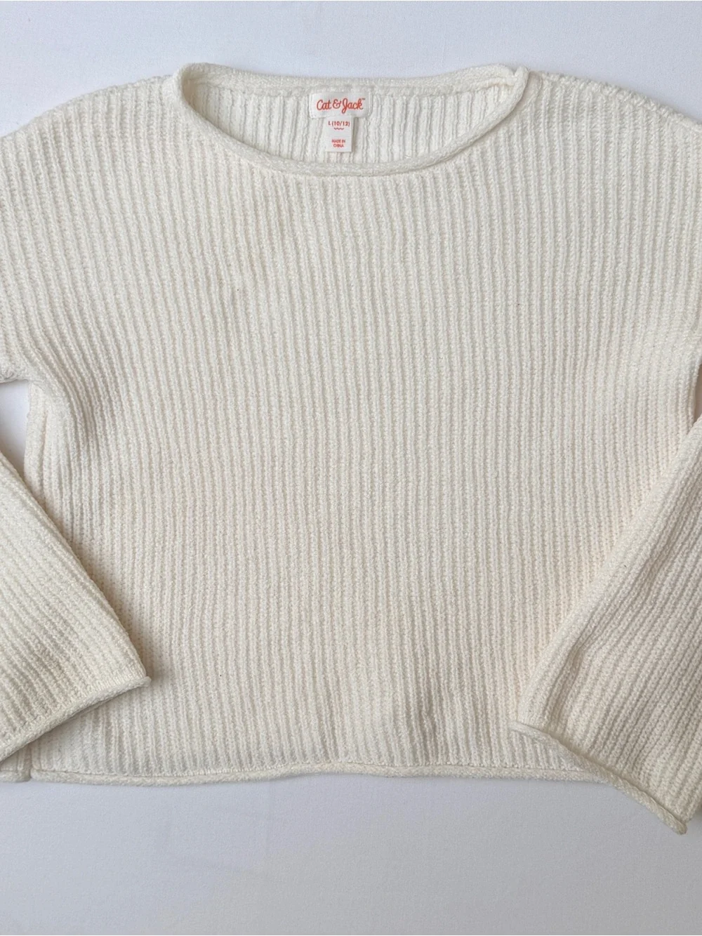 Cat & Jack Girls L 10/12 Cream Ribbed Knit Pullover Sweater